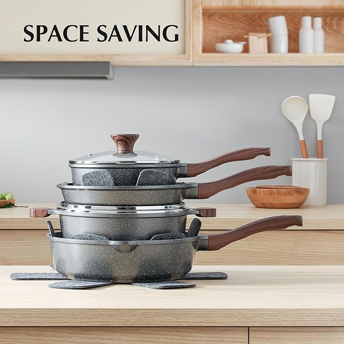 SENSARTE Nonstick Cookware Set 13-Piece, Non Stick Pots and Pans Set with Swiss Granite Coating, Healthy Kitchen Cooking Set, Stay-Cool Handles, PFOA Free