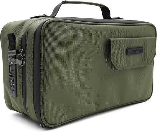 Large Storage Case with TSA Combination Lock Bag, Portable Carbon Lined, XL Medicine Lockable Box for Travel & Home Secured Box Organizer Divider Jars Accessories, Removable Tray (Green)
