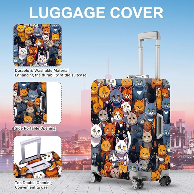 ANNA QUEEN Colorful Cat Luggage Cover, Fun Cat Design with Multiple Cats, Stretchable, Washable Travel Sleeve for 32-34 Inch Luggage