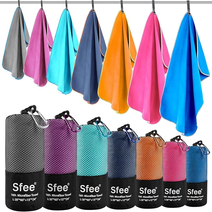 Sfee 2 Pack Microfiber Travel Towel, Quick Dry Camping Towel Large Beach Towel Super Absorbent Compact Lightweight Sports Gym Towels for Beach, Gym, Hiking, Pool, Backpacking, Bath, Yoga