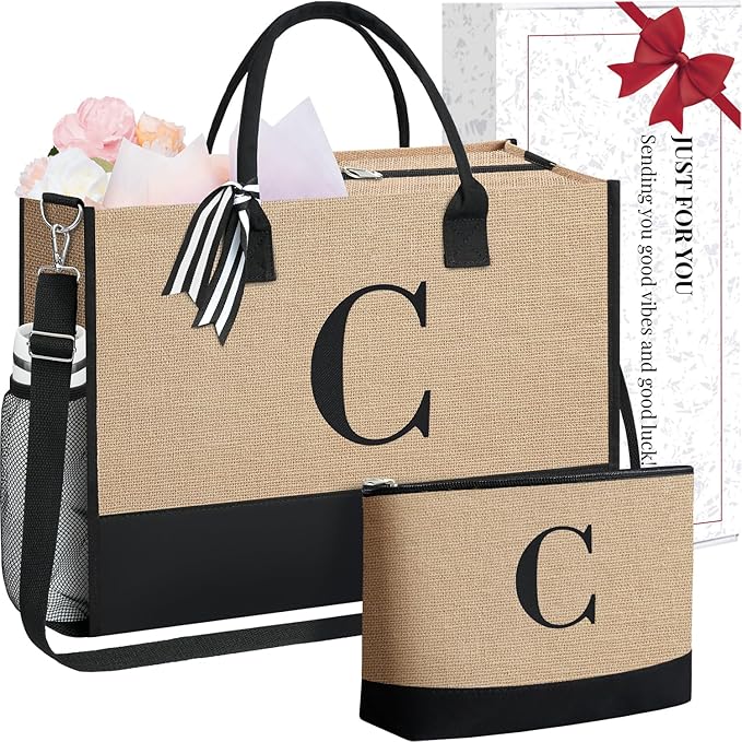 BAGAIL Initial Tote Bag, Personalized Birthday Gifts for Women, Teacher, Friends, Mom, Wedding, Monogrammed Beach Bag