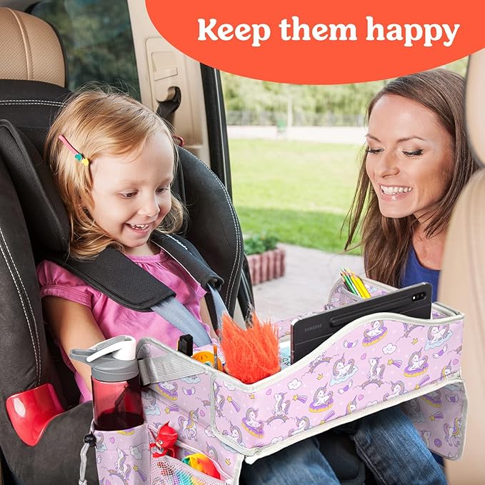 PILLANI Kids Travel Tray for Car - Car Seat Tray for Kids Travel, Road Trip Essentials Must Haves - Carseat Table Roadtrip Activities - Toddler Lap Desk Organizer for Airplane - Kids Travel Essentials
