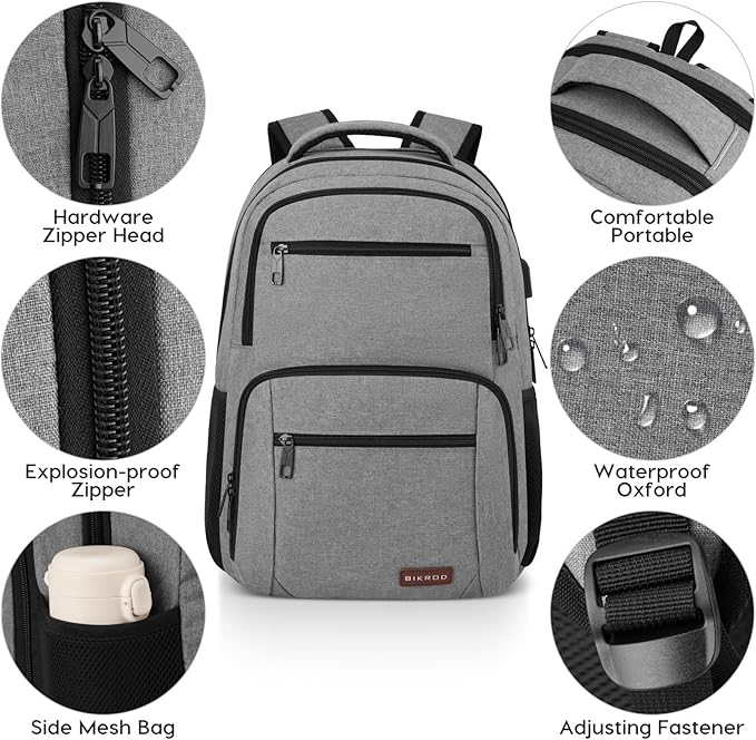 BIKROD Backpack for Men and Women, School Backpacks Water Resistant Back Pack with USB Charging Port, TSA Travel Backpack, Business Anti Theft Sturdy Computer Bag Gifts Fits 17.3 Inch Laptop, Grey