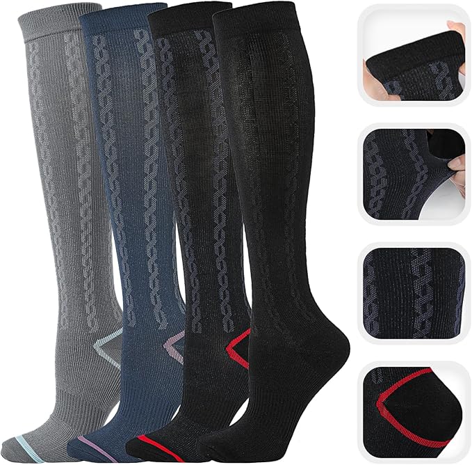 Kickticks 4 Pairs Compression Socks for Woman & Man Unisex 20-30mmHg Knee high Plus Size Wide Calves for Flying Running…