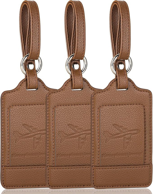 Teskyer Luggage Tags, 3 Pack Premium PU Leather Luggage Tags for Suitcases, Privacy Protection Travel Bag Tags, Lichee Coffee
