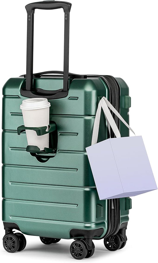 KYME Green Carry On Luggage 22x14x9 Airline Approved Expandable 20 Inch Hardshell Carry On Suitcase with Wheels TSA Lock Small Travel Rolling Luggage with Cup Holder for Men Women