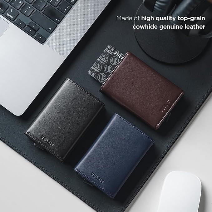 VULKIT Pop up Card Wallet Minimalist Cash Wallets RFID Blocking Leather Smart Credit Card Holder with ID window for Men