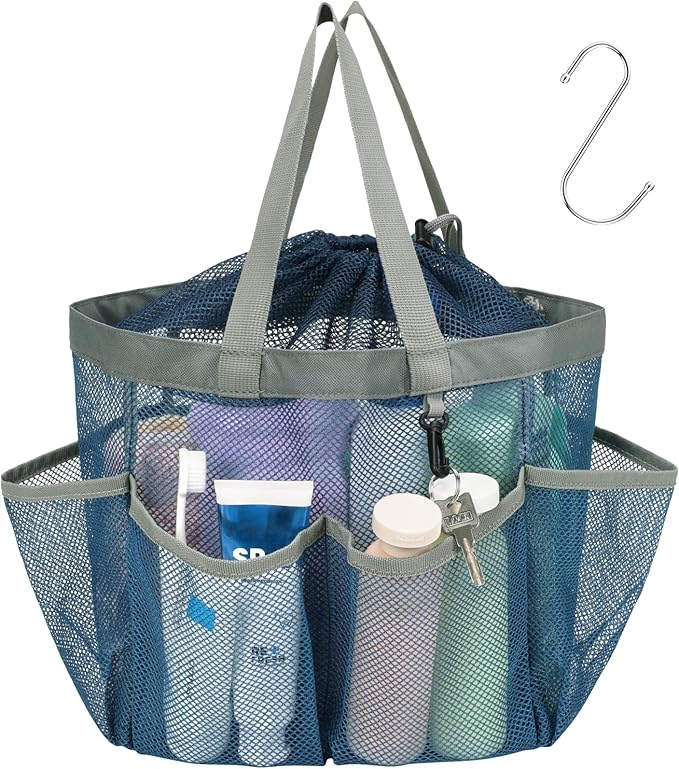 F-color Mesh Shower Caddy Portable with Drawstring - Upgrade Deeper 7 Pockets Dorm Room Essentials for Guys Girls with S Hook, Shower Bag Basket Tote for College Camping Toiletry Bathroom, Blue