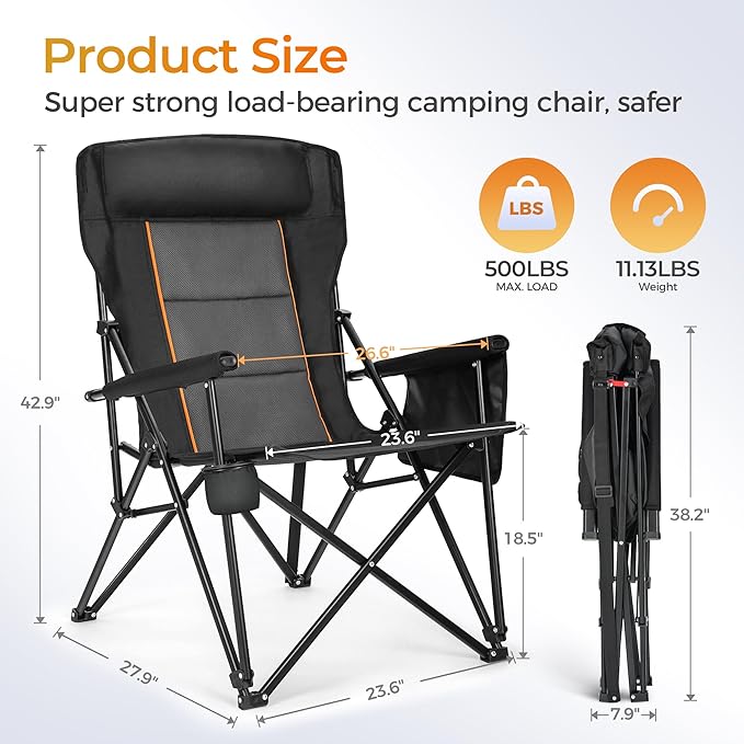 ALPHA CAMP Heavy Duty High Back Camping Chairs with Cup Holder Oversized Folding Chair Outdoor Chair with Headrest,Lawn with Side Pocket for Lawn, Sports and Fishing, 500lbs