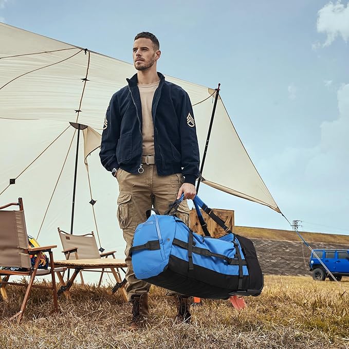 Rolling Duffle Bag with Wheels,86L 30”Folding Duffle Backpack with 2 Wheels,Travel Bag with Separate Shoe Compartment,Blue