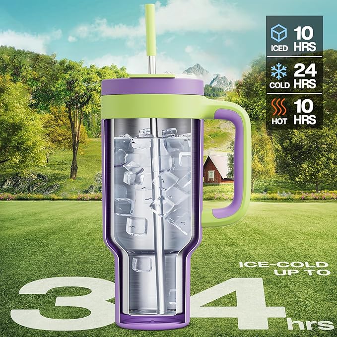 POWCAN 40 oz Tumbler with Handle, 2-in-1 Straw and Sip Lid, Leakproof, Dishwasher Safe, Insulated Stainless Steel Travel Coffee Mug, Keeps Cold for 34 Hours, Fits in Car Cup Holder (Wisteria)