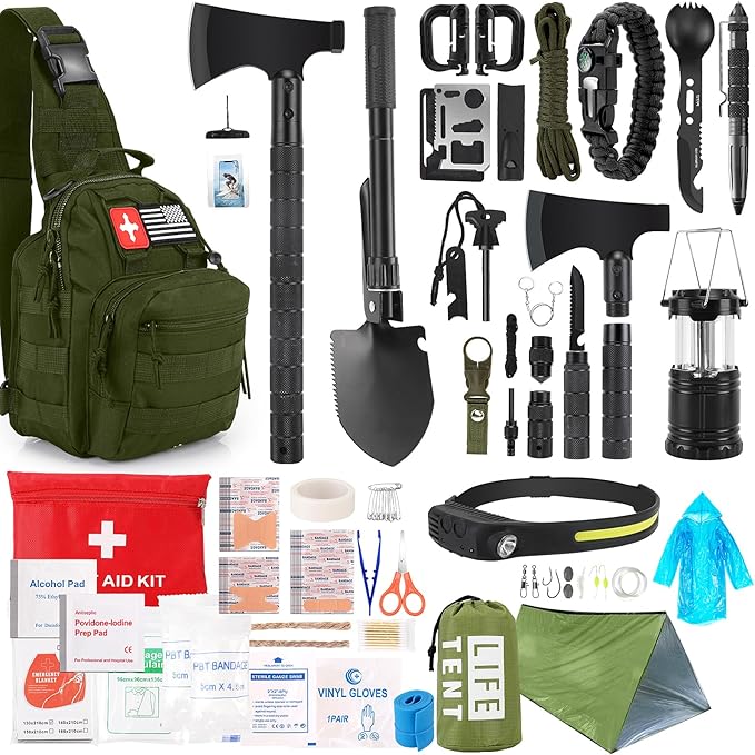 Survival Kit, 268 Pcs Emergency Survival Gear and Equipment Supplies with First Aid Kit, Camping Axe, Headlamp, Tent, Crossbody Bag for Camping Hiking, Hunting, Car, Gift for Christmas Men, Dads, Him