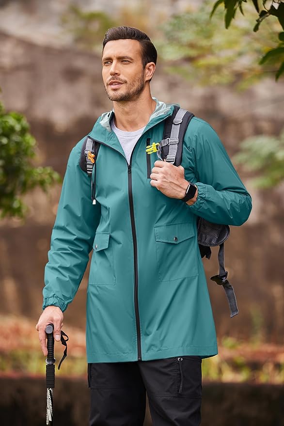COOFANDY Men's Long Raincoat Ligtweight Rain Jacket Waterproof Outdoor Jackets with Hood