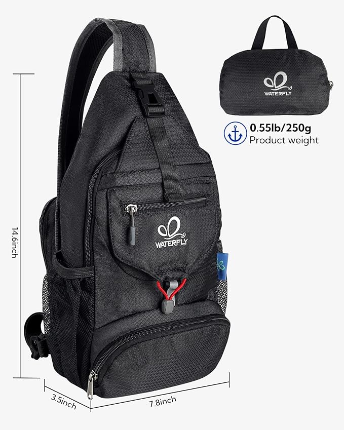 WATERFLY Packable Small Crossbody Sling Backpack Shoulder Chest Bag Daypack for Hiking Traveling