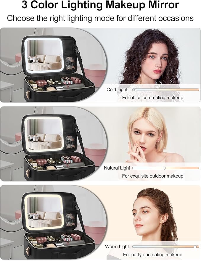Chomeiu Makeup Bag with LED Mirror, Travel Cosmetic Train Case for Women, Makeup Artists Large Organizer Box with Vanity Light Up Mirror, 3 Color Lights, Adjustable Dividers & Shoulder Strap (Black)