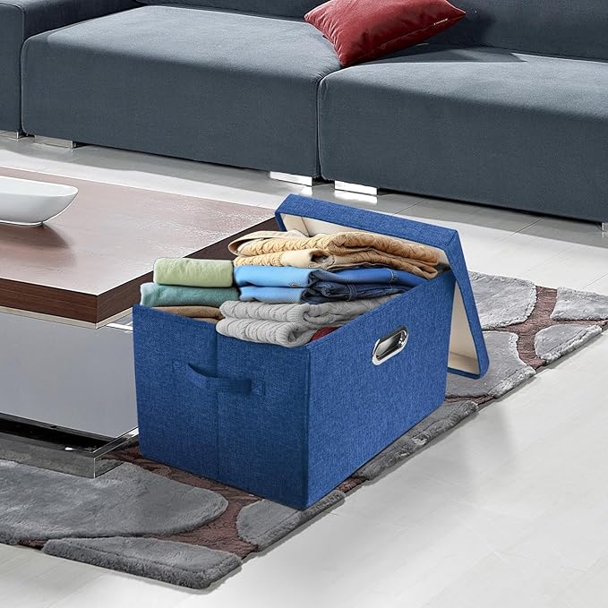 TYEERS Collapsible Storage Bins With Lids, Large Fabric Storage Boxes - 2 Pack - Classic Blue
