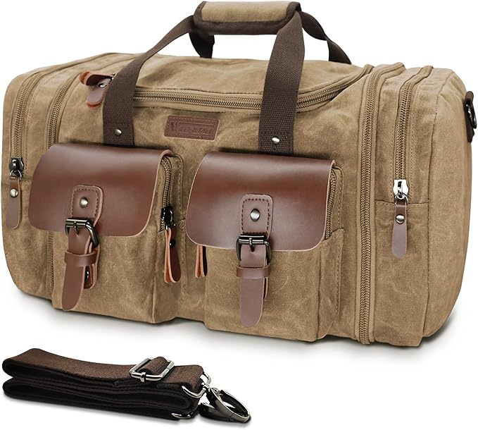 Wildroad Waxed Canvas Genuine Leather 50L Waterproof Duffle Bag - Vintage Travel Weekender Overnight Carry On