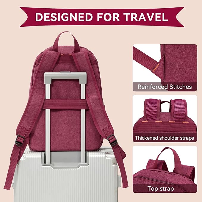 OMOUBOI 14 inch Travel Laptop Backpack for Women Men Teen 20L Weekender Casual Daypacks Airline Approved Lightweight College School Bookbag Wine Red