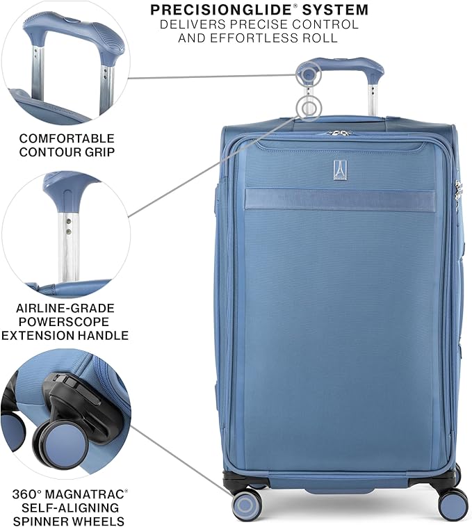 Travelpro VersaPack+ Lightweight Softside Expandable Checked Luggage, 8 Spinner Suitcase, TSA Lock, Men and Women, Checked Large 29-Inch, Elemental Blue