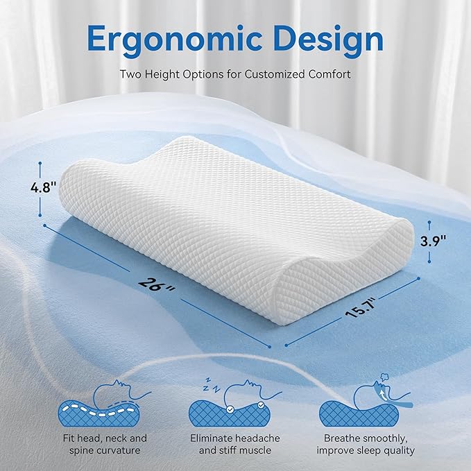 AM AEROMAX 26" Queen Size Contour Memory Foam Pillow, Cervical Pillow for Neck Pain Relief, Neck Orthopedic Sleeping Pillows for Side, Back and Stomach Sleepers
