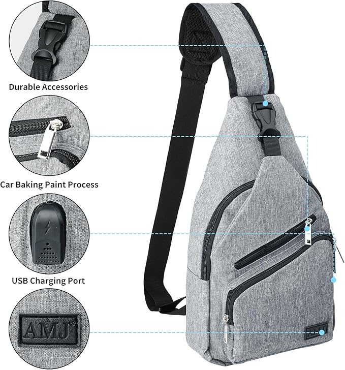 AMJ Crossbody Sling Bag Men Women, Casual Shoulder Backpack, Chest Daypack Satchel for Hiking Travel