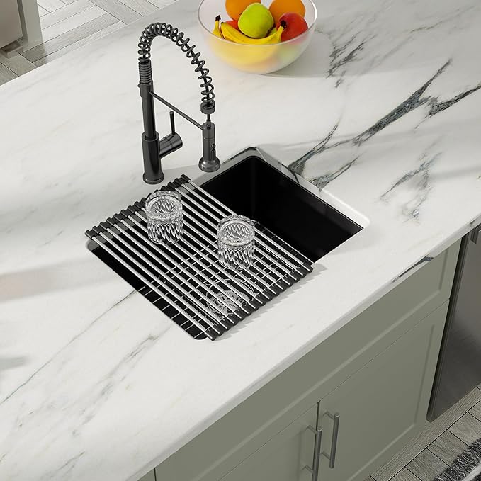 Dcolora 22 Inch Quartz Composite Bar Sink Black Undermount Small Granite Composite Kitchen Sink Prep RV Single Bowl Under Counter, Round Corner, 22"x17", DC-GU7747