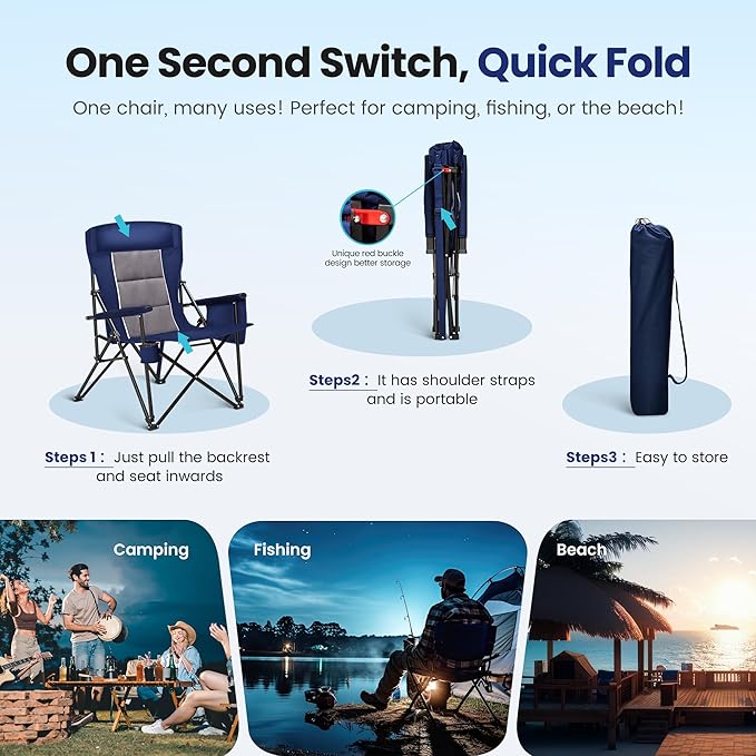 HIGH POINT SPORTS Oversized Camping Chairs for Adults, High Back Heavy Duty Lawn Folding Chair Support 500LBS, Padded Portable Outdoor Chair with Cup Holder, Blue