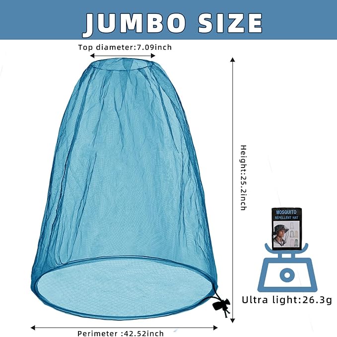 Oversized Mosquito Net 42 x 25 Inches Ultra Large Mosquito Head Net Face Neck Fly Mesh Netting Fits All Hats for Outdoor Camping Hiking Fishing Gardening Safari(Blue)