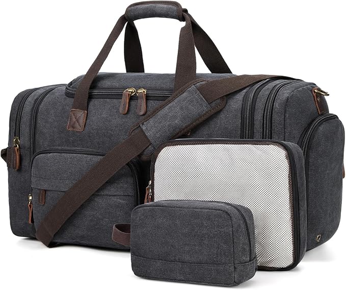 Mens Duffle Bag for Travel 3Pcs Set Travel Bags for Men 60L Expandable Canvas Bag (Dark Gray)