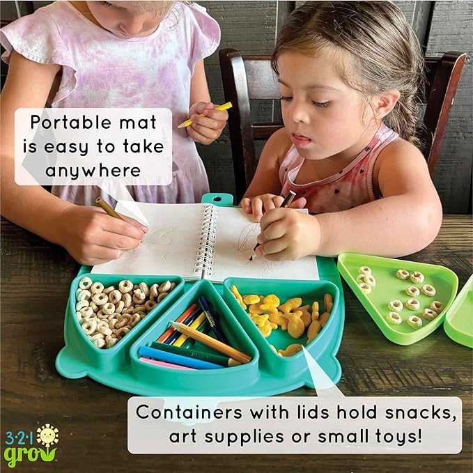 On-The-Go Snack Mat – Baby Silicone Travel Dining Placemat – Portable Silicone Toddler Plate – Reusable Snack Container with 3 Compartments and Lids for 6 Months + (Aqua)
