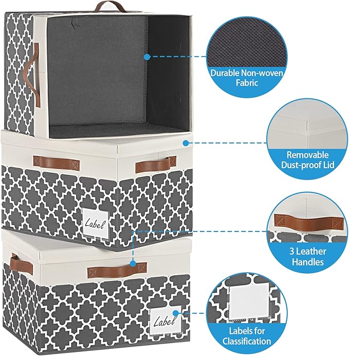 GhvyenntteS Large Fabric Storage Bins with Lids (3 Pack), Foldable Decorative Storage Boxes with Lids and 3 Handles, Sturdy Storage Baskets with Label Window for Home Office (White&Lattice Grey)