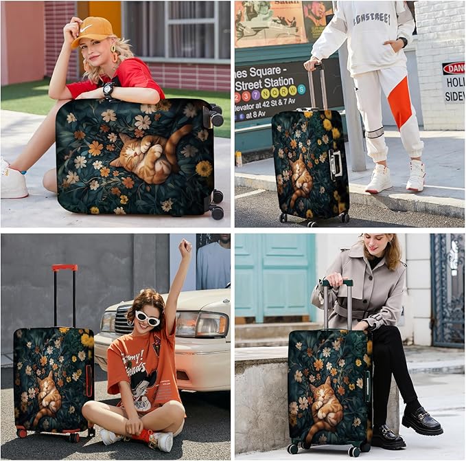 ANNA QUEEN Peaceful Cat Luggage Cover, Sleeping Cat with Floral Design, Stretchable, Washable Travel Sleeve for 32-34 Inch Luggage