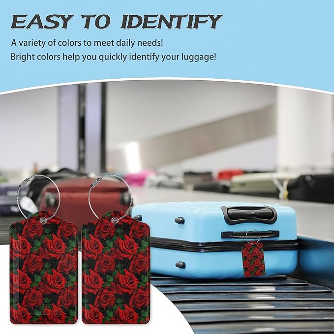 3 Pack Luggage Tag for Suitcase,Red Rose Floral and Leaves Leather Luggage Tags with Privacy Cover Name ID Label Identifiers Travel Bag Tags for Women Men Boys Girls