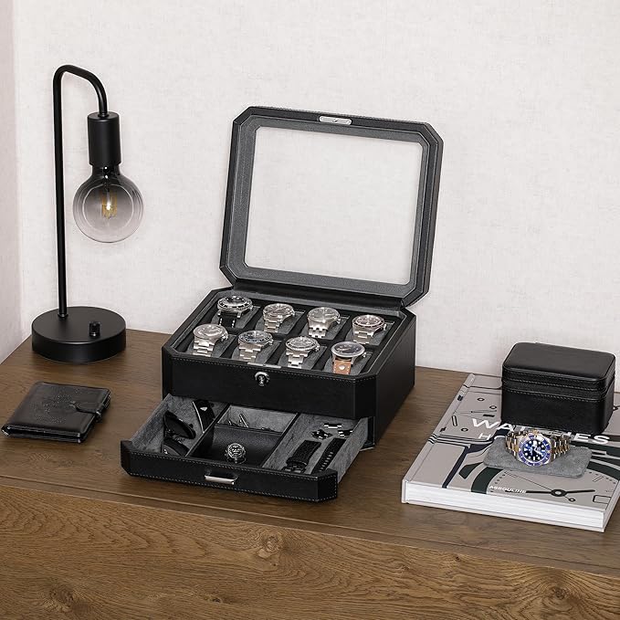 ROTHWELL 8 Slot Leather Watch Box with Valet Drawer - Luxury Case Display Jewelry Organizer, Locking Display Case Holder, Real Glass Top - Watch Box Organizer for Men & Women (Black/Grey)