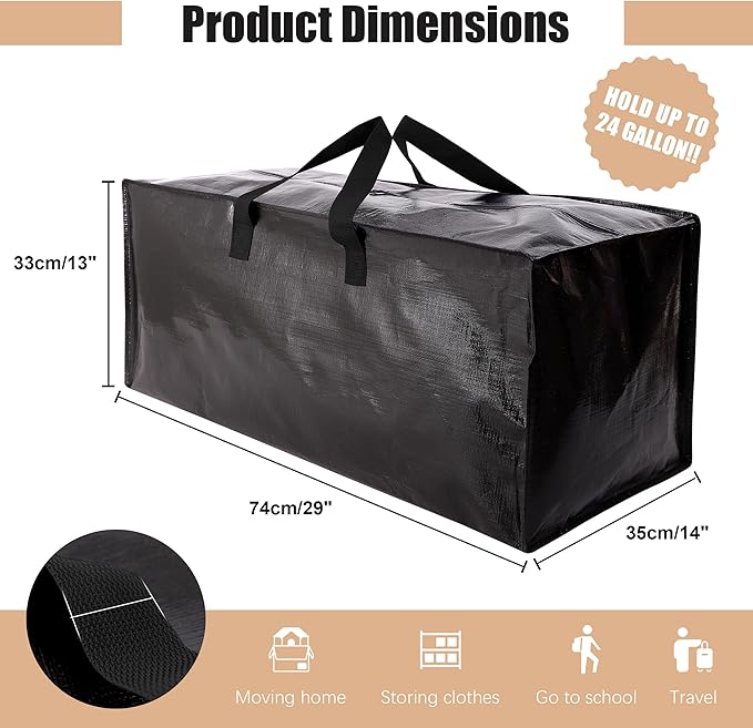 Heavy Duty Moving Bags with Backpack Straps and Strong Handles, Alternative to Moving Boxes and Storage Totes for Dorm Room Essentials, 6 Pack, Black
