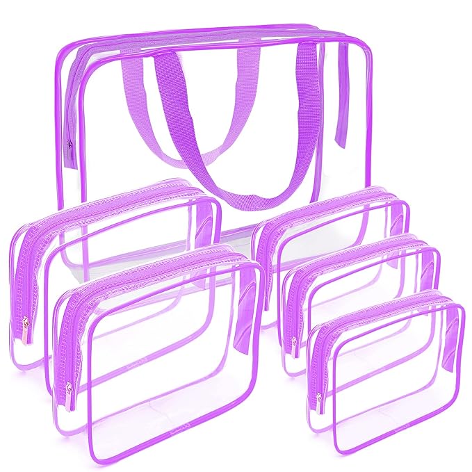 APREUTY Clear Makeup Bags, TSA Approved 6 Pcs Cosmetic Makeup Bags Set Clear PVC with Zipper Handle Portable Travel Luggage Pouch Airport Airline Vacation Organization (Purple)