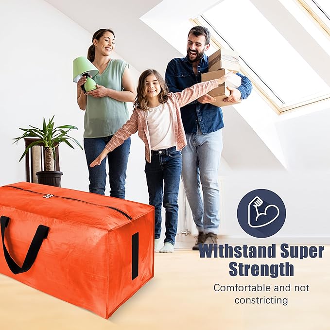 4 Pack Large Strong Moving Bags with Zippers & Carrying Handles - Water-Resistant - Heavy Duty Storage Tote for Space Saving, Fold Flat, Alternative to Moving Box (Orange)