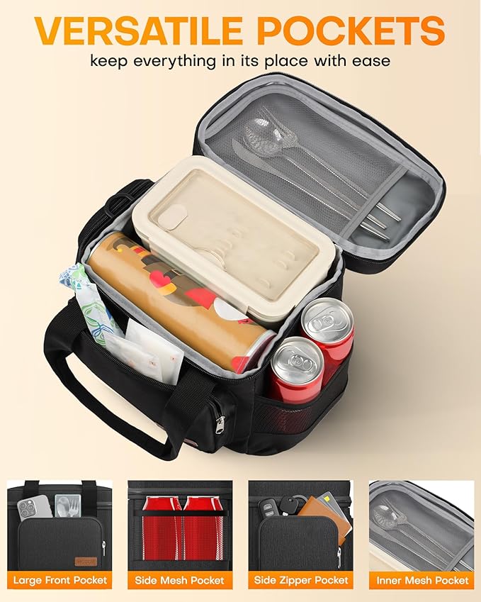 HOTOR Lunch Box for Men and Women - Leak-Proof Insulated Lunch Cooler Bag with Adjustable Strap, Multiple Pockets for Office, Picnic, Hiking, Beach, 1 Layer, 8L, Black, 9.8" x 8.7" x 5.9"