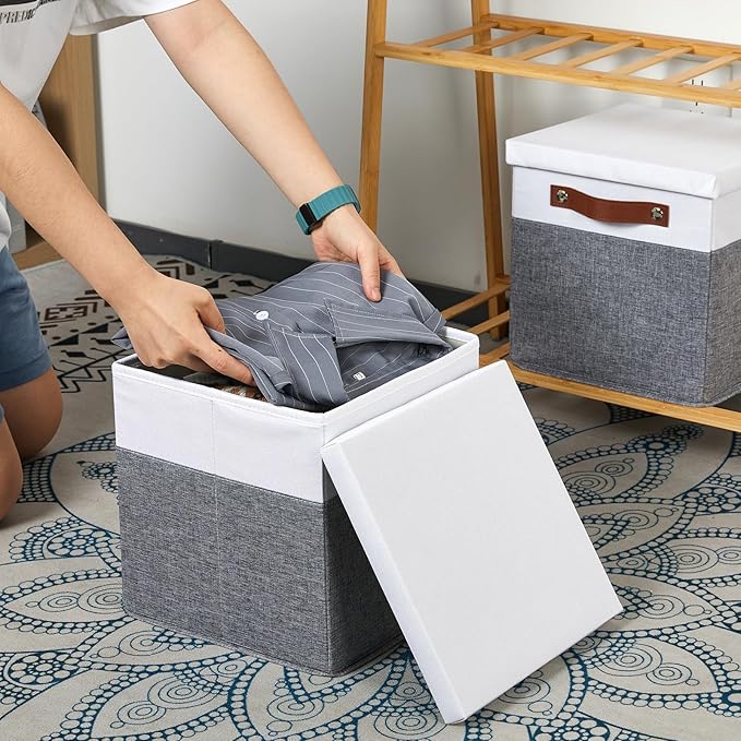 Temary Foldable Fabric Storage Bins with Lids, 2-Pack Storage Bin for Organizing Living Room, Closet Organization, Multi-Purpose Storage Boxes for Clothes (White&Grey, 10.5x10.5x10.5in)