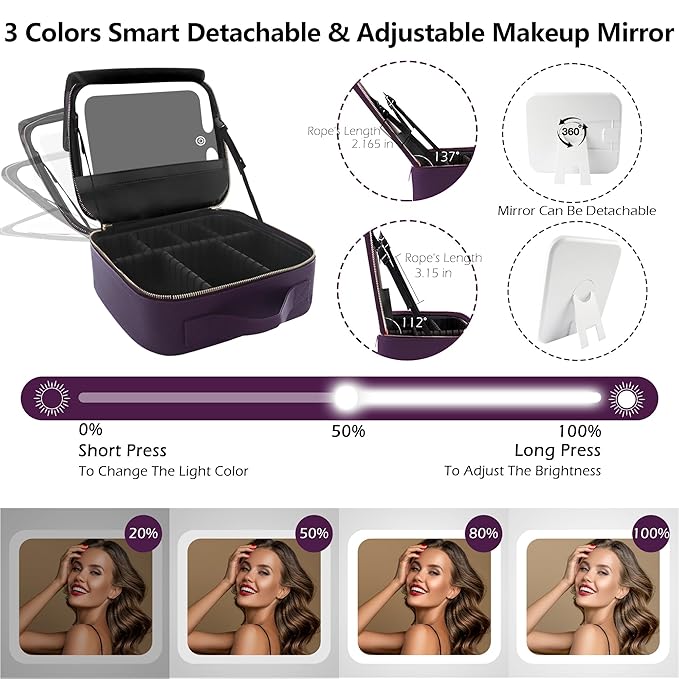 MOMIRA Travel Makeup Bag Cosmetic Bag with Lighted Mirror, Adjustable Brightness in 3 Color Scenarios, Waterproof, 10x Magnifying Mirror, Rotatable Independent Light Mirror- Deep purple (Solid)