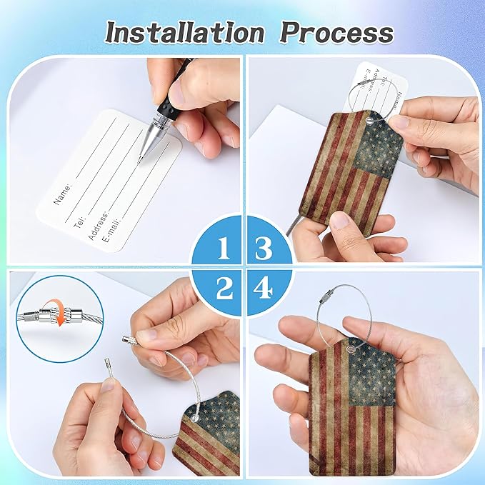 3 Pack Luggage Tag for Suitcase,American Flag USA Flag Leather Luggage Tags with Privacy Cover Name ID Label Identifiers Travel Bag Tags for Women Men Boys Girls
