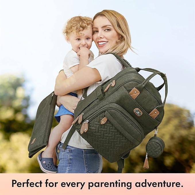 Dikaslon Diaper Bag Backpack with Portable Changing Pad, Pacifier Case and Stroller Straps, Large Unisex Baby Bags for Boys Girls, Multipurpose Travel Back Pack for Moms Dads, Army Green