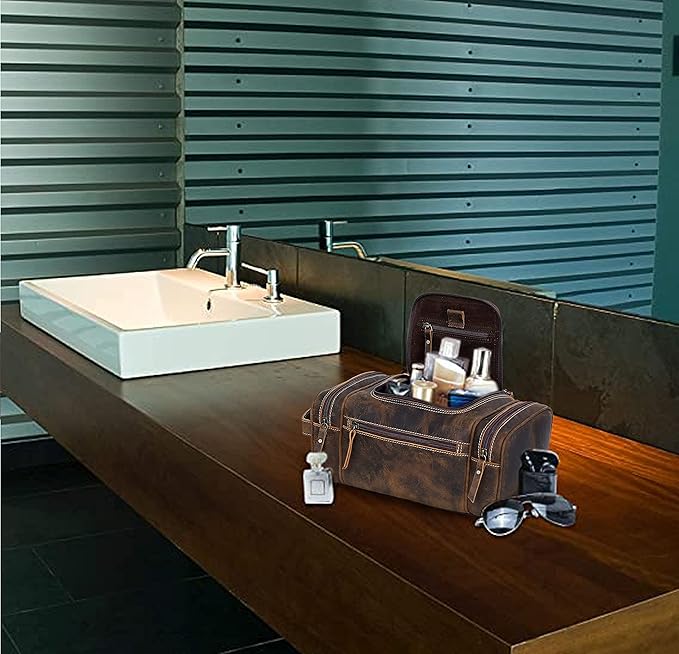 VC VINTAGE COUTURE Leather Toiletry Bag for Men Extra Large Leather Men's Toiletry Bag for Traveling Real Leather Dopp Kit for Men Leather Shaving Bag for Travel