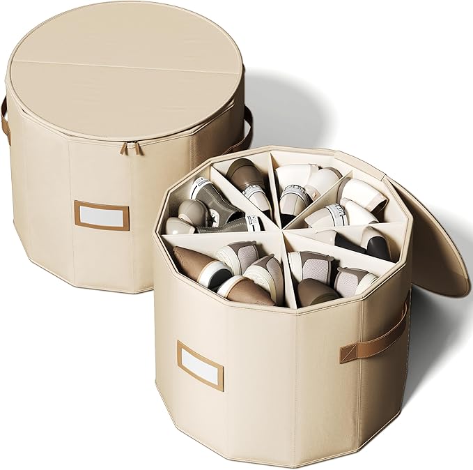 Vailando Shoe Organizer for Closet - Cylindrical Shoe Storage Organizer with Adjustable Dividers for Closet, Foldable Shoe Storage Box, Beige, 2-Pack, Large