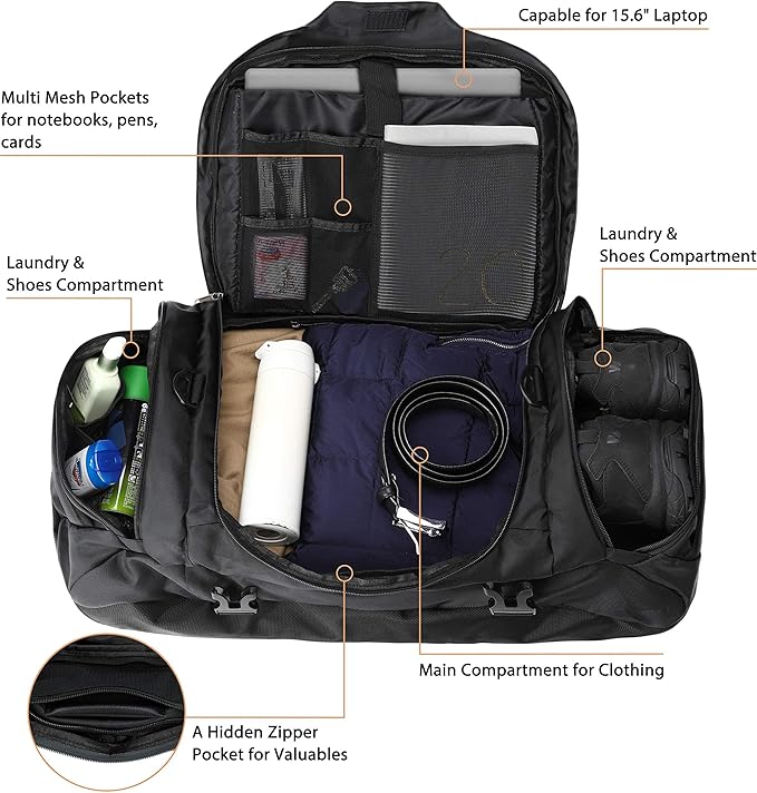Ubon Large Duffel Bag Weekender Bags with Shoe Compartments 4-Way Sports Gym Backpack with Padded Straps Camping Traveling Duffle Bag