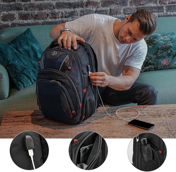 Swissdigital Design Men's Laptop Backpack for Man，Large Capacity Business Travel Backpack Black/Blue