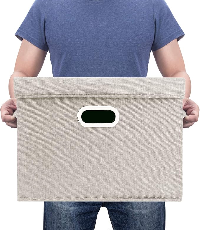 TYEERS Large Storage Bins with Lids, Collapsible, Washable, Fabric Storage Boxes for Organizing, 17.3x11.8x11.4 inches, 5 Pack, Beige