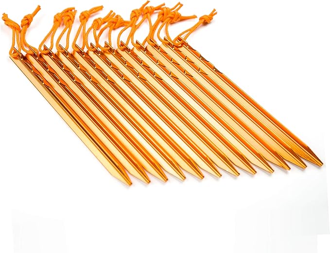 Aluminum Alloy Tent Stakes Pegs, 12-Pack Aluminum Ground Pegs with Reflective Pull Ropes, Lightweight Metal Stakes Pegs for Camping Tents Hammocks