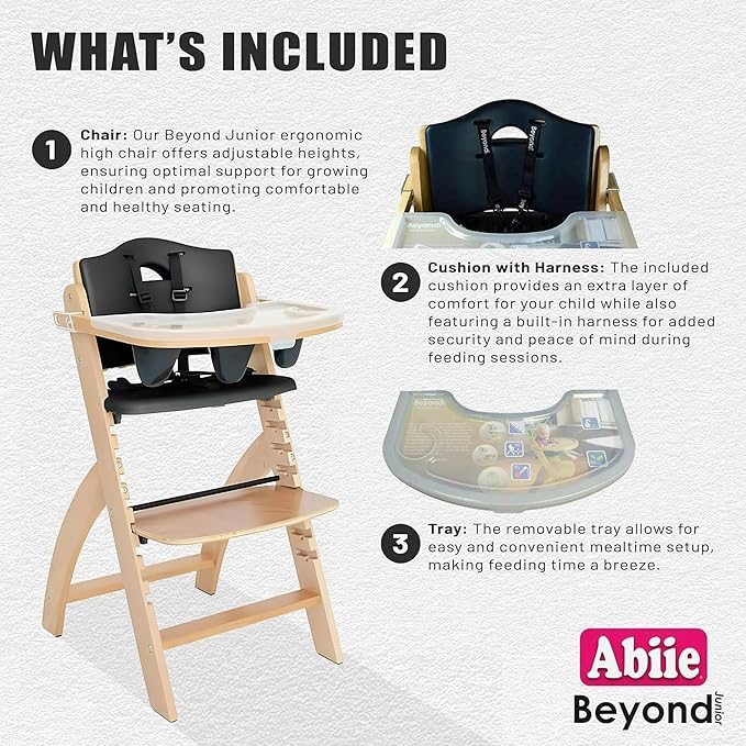 Abiie Beyond Junior Wooden High Chair with Tray - Adjustable and Convertible High Chair for Babies and Toddlers - 6 Months to 250 Lb - Water Resistant - Natural Wood with Black Pearl Cushion
