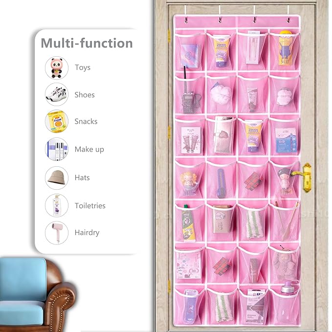 KEEPJOY 28 Pockets Hanging Shoe Organizer, Over the Door Shoe Organizer, Hanging Door Shoe Holder Rack with Mesh Pockets Large Size 65 x 23 Inch (Pink-1Pack)